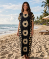 Maxi Round Neck Short Sleeve Boho Daisy Print Kaftan Dress
