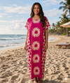 Maxi Round Neck Short Sleeve Boho Daisy Print Kaftan Dress