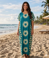 Maxi Round Neck Short Sleeve Boho Daisy Print Kaftan Dress