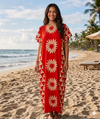 Maxi Round Neck Short Sleeve Boho Daisy Print Kaftan Dress