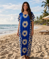 Maxi Round Neck Short Sleeve Boho Daisy Print Kaftan Dress
