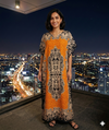 Maxi Short Sleeve Crew Neck Damask Print African Kaftan Dress