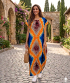 Maxi Round Neck Short Sleeve Boho Multi-Colored Tie-Dye Kaftan Dress