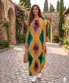 Maxi Round Neck Short Sleeve Boho Multi-Colored Tie-Dye Kaftan Dress