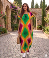Maxi Round Neck Short Sleeve Boho Multi-Colored Tie-Dye Kaftan Dress