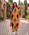 Maxi Round Neck Short Sleeve Boho Multi-Colored Tie-Dye Kaftan Dress