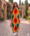 Maxi Round Neck Short Sleeve Boho Multi-Colored Tie-Dye Kaftan Dress