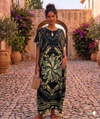 Maxi Round Neck Short Sleeve Boho Floral Medallion Kaftan Dress