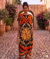 Maxi Round Neck Short Sleeve Boho Floral Medallion Kaftan Dress
