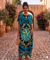 Maxi Round Neck Short Sleeve Boho Floral Medallion Kaftan Dress
