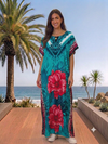 Maxi Round Neck Short Sleeve Boho Rose Design Kaftan Dress