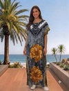 Maxi Round Neck Short Sleeve Boho Rose Design Kaftan Dress