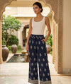 Women's Printed Leaf Design Flared Wide Leg Trousers With Pockets