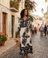 Women's Long Sleeve Tropical Palm Print Loose Fit Dress