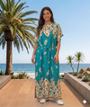 Maxi Short Sleeve Crew Neck Feather Print African Kaftan