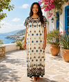 Women's Round Neck Kimono Sleeves Boho Geometric Ikat Print Kaftan Maxi Dress