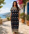 Women's Round Neck Kimono Sleeves Boho Geometric Ikat Print Kaftan Maxi Dress