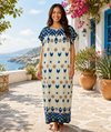 Women's Round Neck Kimono Sleeves Boho Geometric Ikat Print Kaftan Maxi Dress