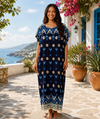 Women's Round Neck Kimono Sleeves Boho Geometric Ikat Print Kaftan Maxi Dress