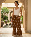 Women's Printed Leaf Design Flared Wide Leg Trousers With Pockets