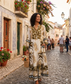 Women's Long Sleeve Tropical Palm Print Loose Fit Dress