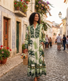 Women's Long Sleeve Tropical Palm Print Loose Fit Dress