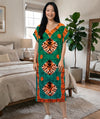 Women's V-Neck Kimono Sleeves Abstract Geometric Print Beach Cover Up Kaftan Midi Dress