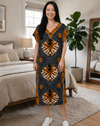 Women's V-Neck Kimono Sleeves Abstract Geometric Print Beach Cover Up Kaftan Midi Dress