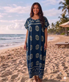 Maxi Round Neck Short Sleeve Boho Floral Block Print Kaftan Dress