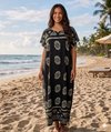 Maxi Round Neck Short Sleeve Boho Floral Block Print Kaftan Dress