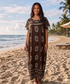 Maxi Round Neck Short Sleeve Boho Floral Block Print Kaftan Dress
