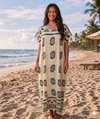 Maxi Round Neck Short Sleeve Boho Floral Block Print Kaftan Dress