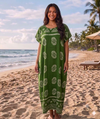 Maxi Round Neck Short Sleeve Boho Floral Block Print Kaftan Dress