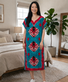 Women's V-Neck Kimono Sleeves Abstract Geometric Print Beach Cover Up Kaftan Midi Dress